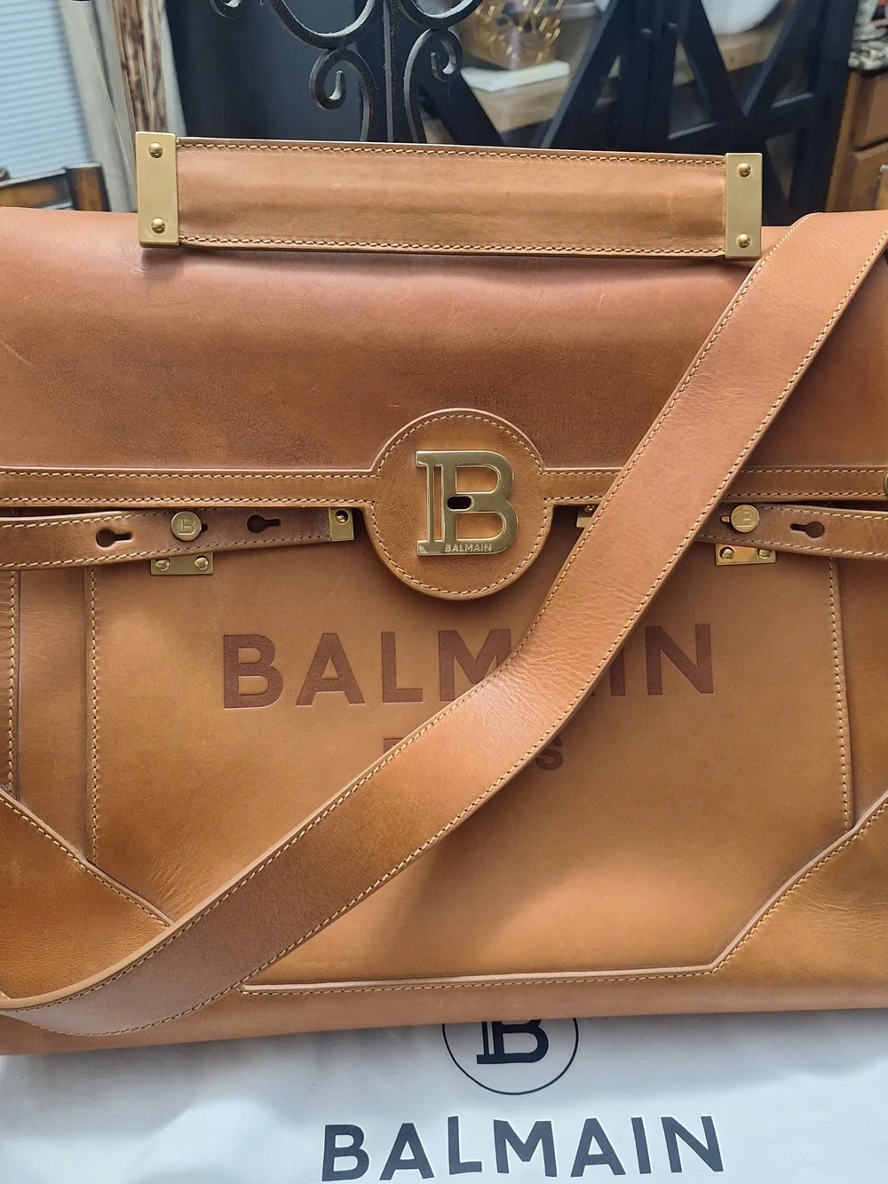 Balmain Paris Men's Tan Leather Satchel Bag